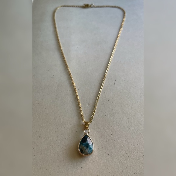 Gold Blue Agate Stone Pendant Necklace - Picture 3 of 4